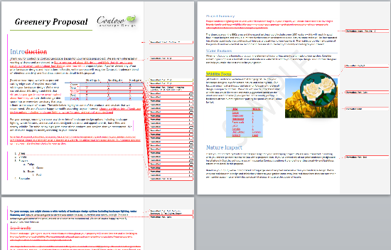 Screenshot showing a document in Word 2010 with a lot of revisions